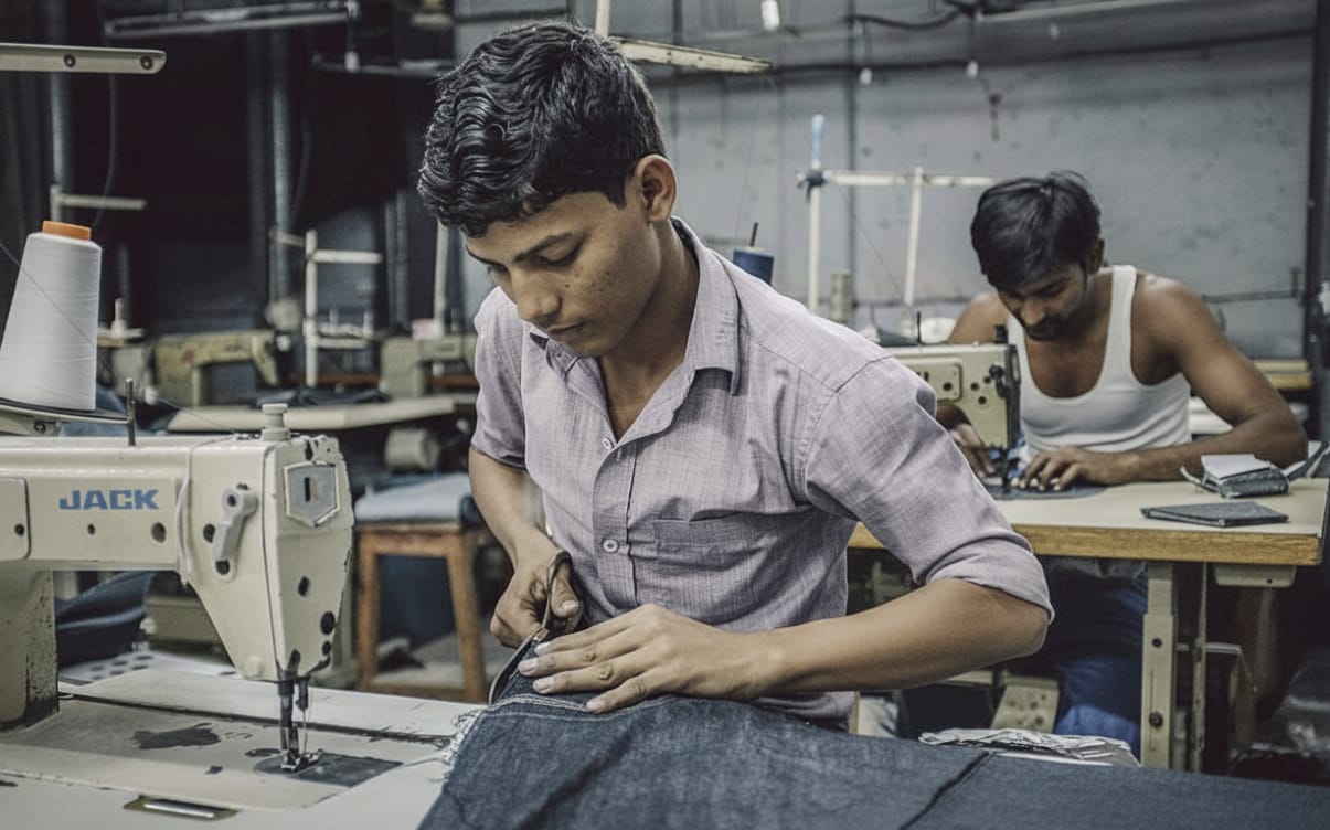 Indian textile workers engaged in garment production with sewing machines